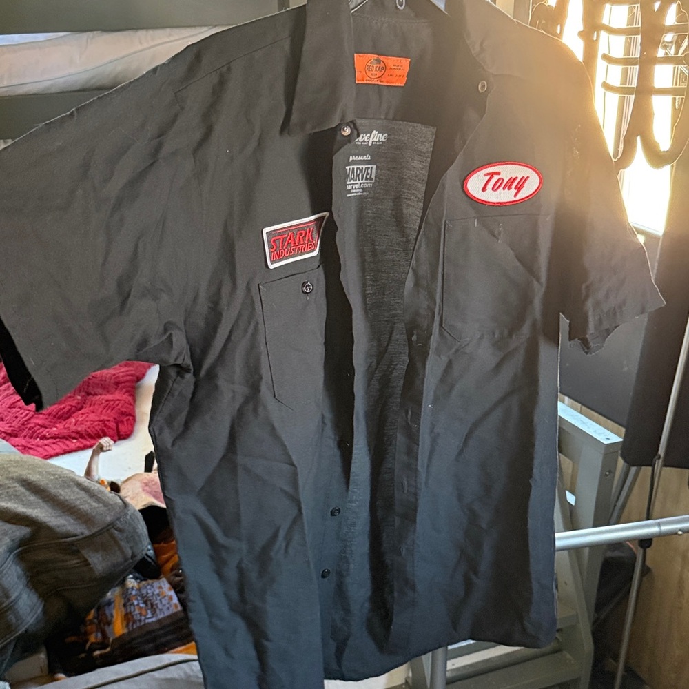 Marvel Black Work Shirt with Stark Industries and Tony Patches